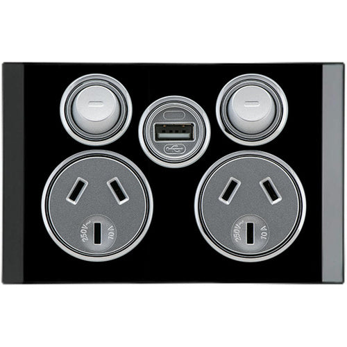 Clipsal Saturn Series  Double Switch Socket Outlet with Single USB, 10amp 250v 4025USBC Espresso Black