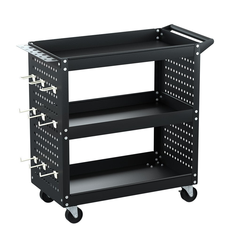 Giantz 3 Tier Tool Cart Storage Trolley Workshop Garage Pegboard Hooks Black