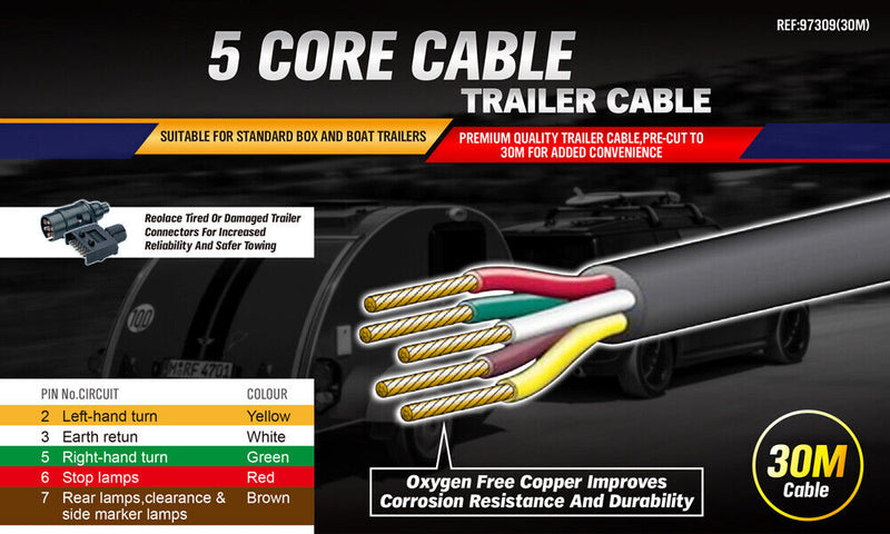 30M X 7 Core Wire Cable Trailer Cable Automotive Boat Caravan Truck Coil V90 PVC