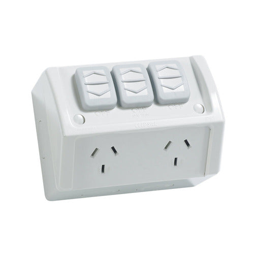 Clipsal Weather Proof Double Switch Socket Outlet With Extra Switch 10amp 250v IP53